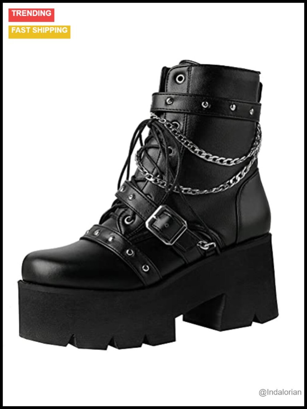 Goth Chunky Platform Ankle Boots with Chain - Lace Up Motorcycle Boots